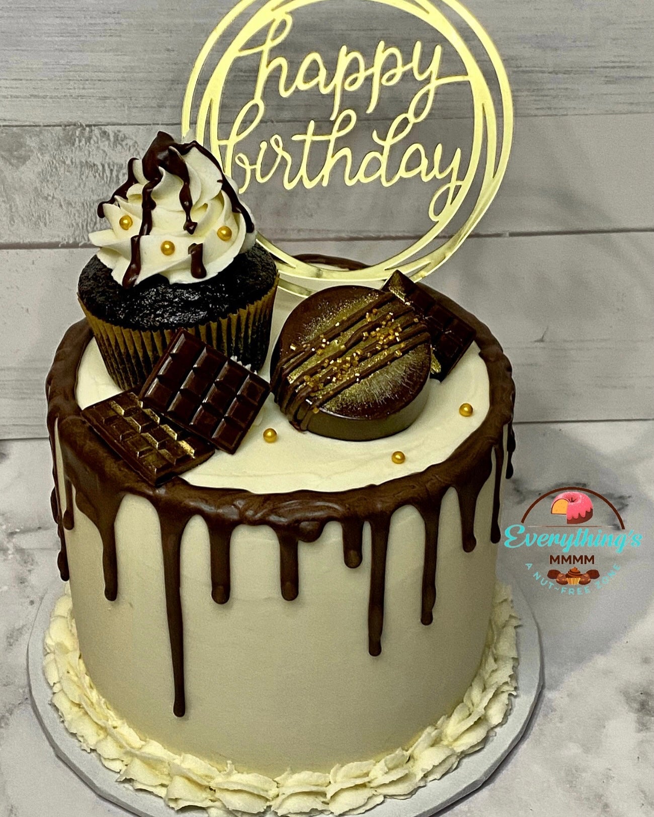 Birthday drip cake. Cupcake topper. Gold accent. Nut free Chocolate.